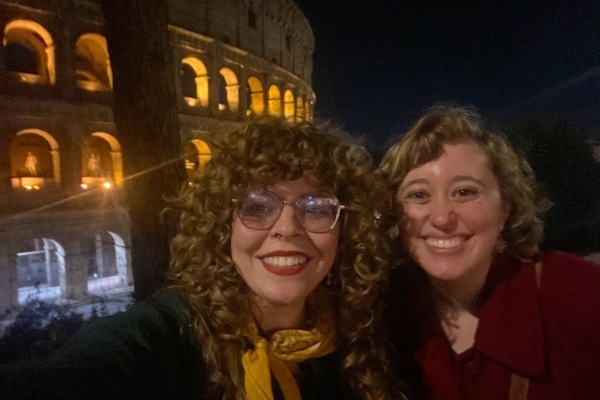 Anne and a colleague in front of the Colosseum, which
they walked by every day on their commute to the Notre Dame Rome Global Gateway.